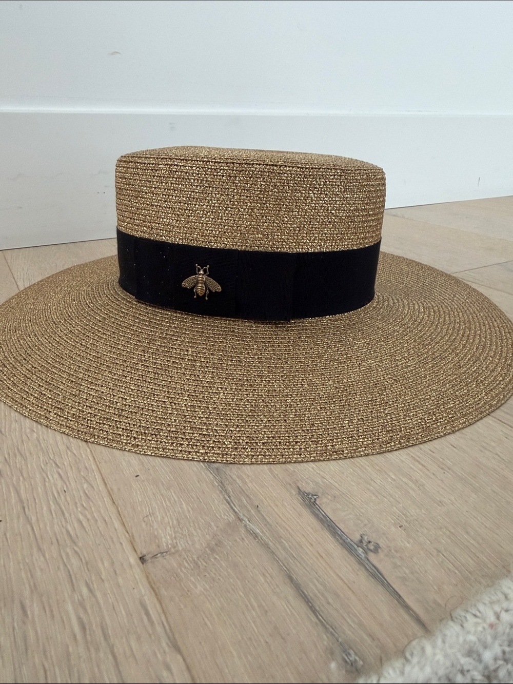 Gucci Straw Boater Hat with Black Band and Bee Accent